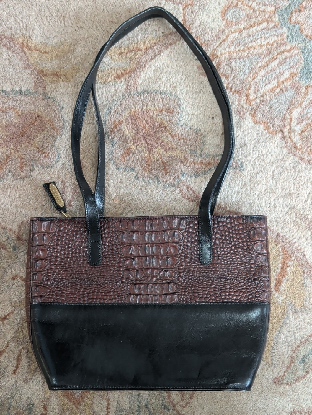 Brahmin Tuscan Melbourne Brown Croc-Texture and Black Leather Vintage Tote Bag